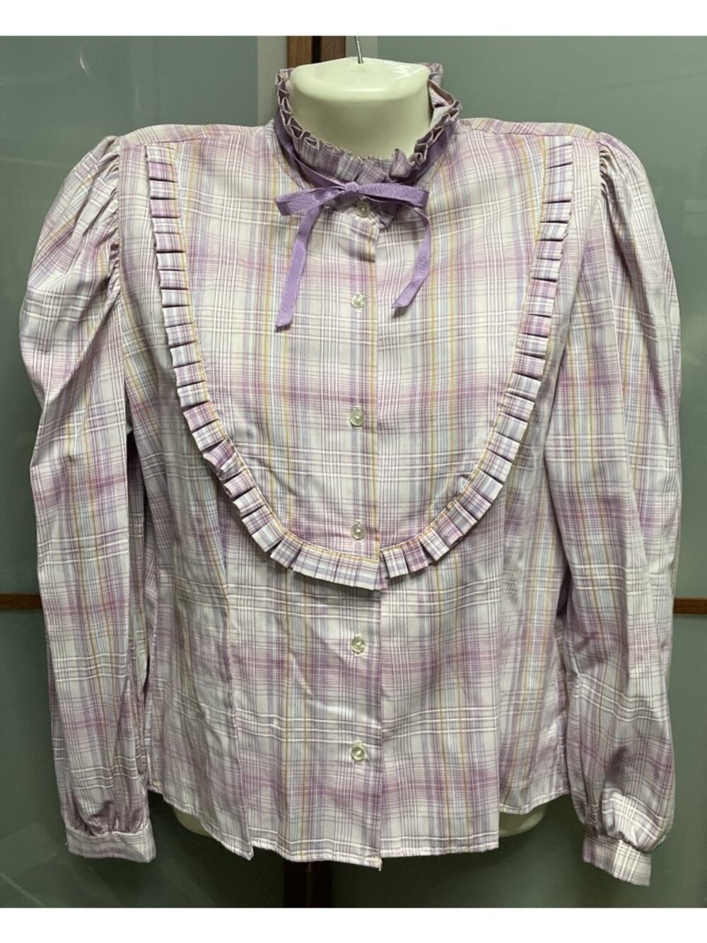 Shirt Accent Vintage 70s Womens 36 Blouse Plaid Ruffle Button Up Cottage Prairie